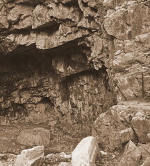 Rocky Cave Entrance Sepia Tone Close-Up Brown Color Concept
