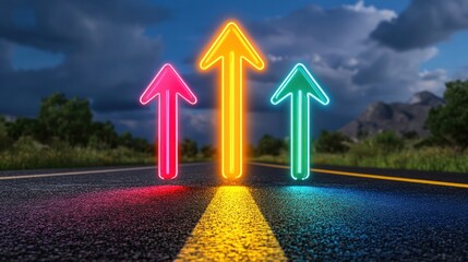 Fototapeta premium Aspiring for Success: Three Neon Arrows Guiding the Path Ahead