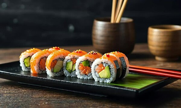 Delicious salmon sushi maki rolls on a black plate, with chopsticks nearby.
