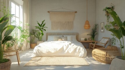 Modern boho bedroom interior with natural light, woven textures, indoor plants, and cozy summer atmosphere 