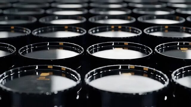 Rows of Black Oil Barrels in Industrial Storage Facility, Petroleum Energy Supply and Crude Oil Transportation Concept


