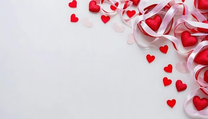 Red hearts and ribbon on white background creating a festive valentine's day themed arrangement