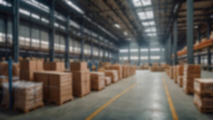 Fototapeta premium Blur warehouse background, Blurred factory storage, industry warehouse cargo space for delivery shipping bokeh light background, business logistics distribution shelf box store backdrop