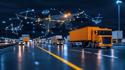 Fototapeta premium Global Logistics: Smart Truck on Highway at Night, Connected World