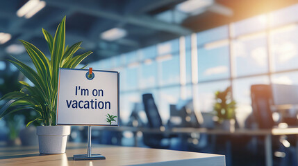 "I'm on vacation" sign installed on office table in bright modern room — visual symbol of beginning of long-awaited vacation