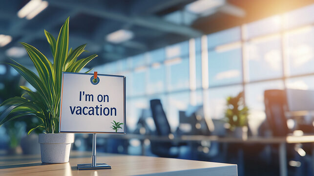 "I'm on vacation" sign installed on office table in bright modern room &mdash; visual symbol of beginning of long-awaited vacation