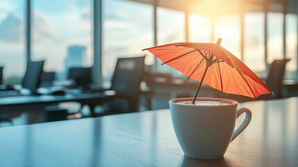 Cup of coffee with cocktail umbrella stands on office table in business center, symbolizing vacation or beginning of summer