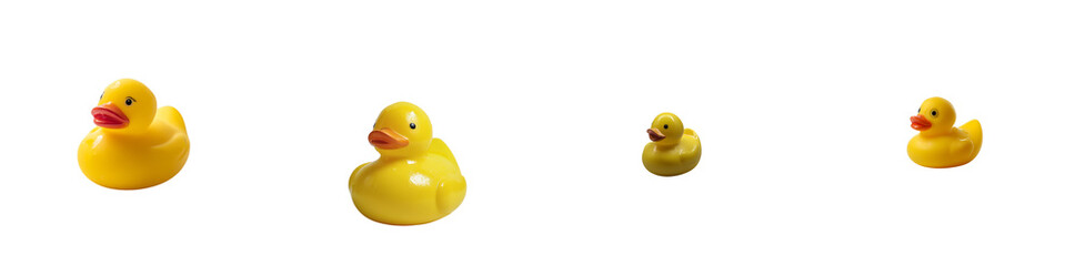 Four rubber ducks of different sizes display a vibrant yellow color, each featuring a playful expression, ideal for bathing or decoration