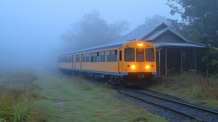 Obraz premium Misty morning train arriving rural station