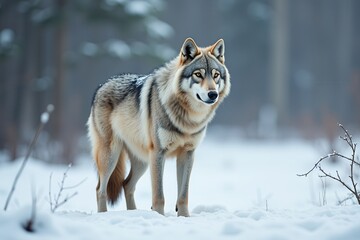 Fototapeta premium Wolf standing in snowy landscape