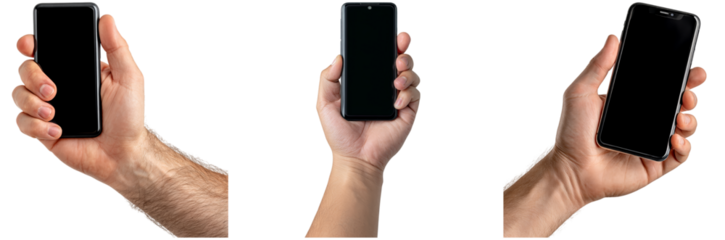 Hands are shown holding smartphones in different positions against isolated backgrounds, highlighting unique grips and angles of mobile devices