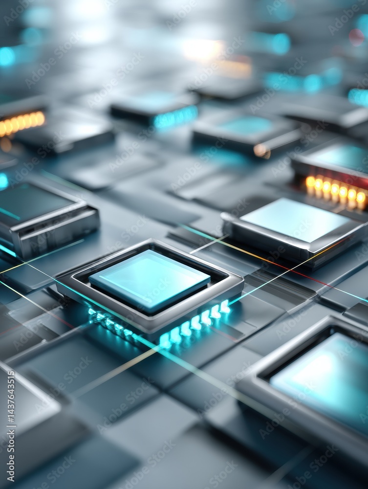 Aufkleber quantum computer chips illuminate a sleek blue environment showcasing advanced technology in a moder