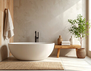Japandi Style Bathroom with Bath and Black Faucet Photo