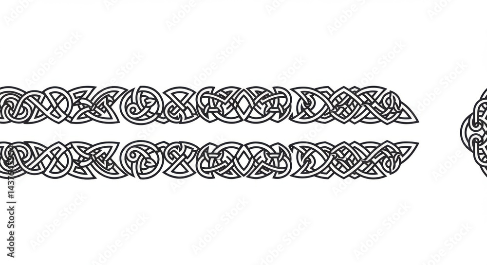 Poster two rows of intricate black celtic knot patterns isolated on a white background with a partial knot