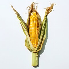 An ear of freshly harvested corn is displayed with its husk partially peeled back, revealing rows of yellow and white kernels against a bright white backdrop perfectly.