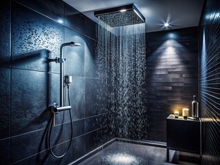 Modern Bathroom Rain Shower Head, Black Tiles, Low Light Photography