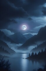 Fototapeta premium Night landscape featuring a moonlit sky over mountains with drifting clouds