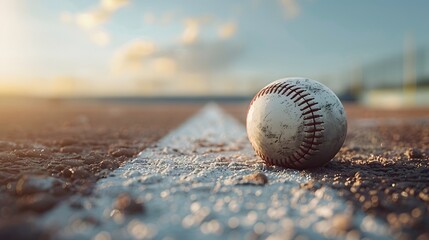 A baseball is sitting on the ground in front of a white line