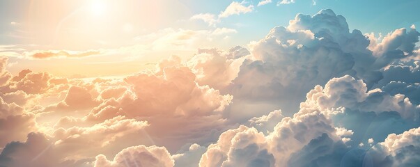 The sky is filled with fluffy white clouds and the sun is shining brightly