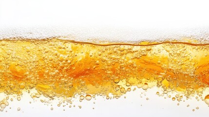 Bubbly Golden Beverage with Effervescent Foam and Bubbles in a Clear Glass Background