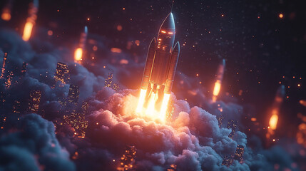 A powerful rocket launches from a city into a dark, smoky atmosphere, filled with bright flames and sparks.