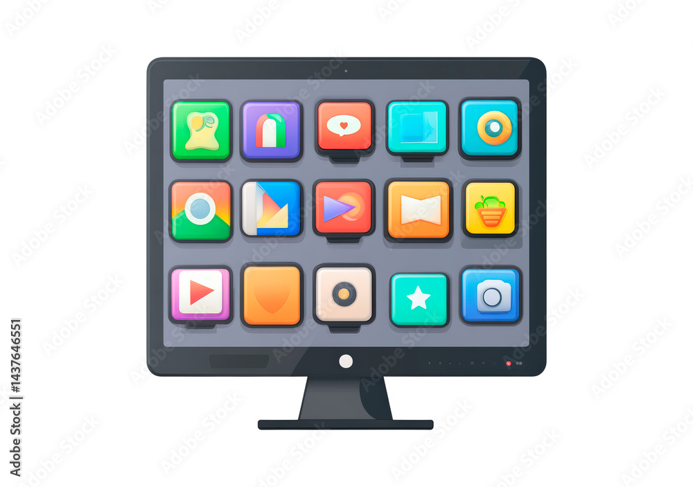 Poster A computer monitor displaying colorful app icons isolated on transparent background