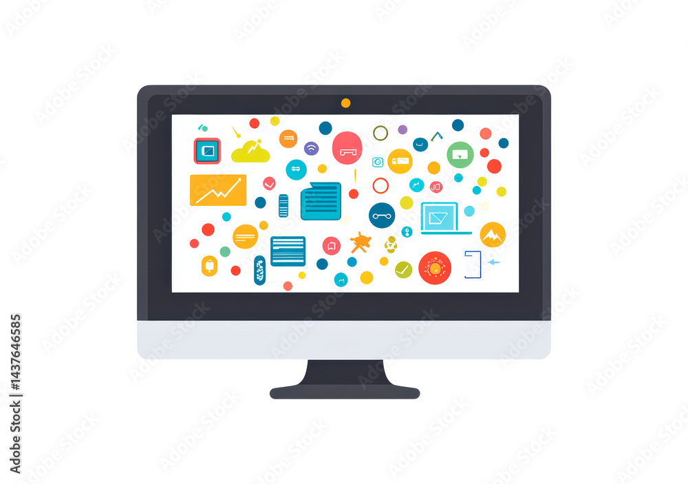 Poster computer monitor displaying a colorful app icons isolated on transparent background