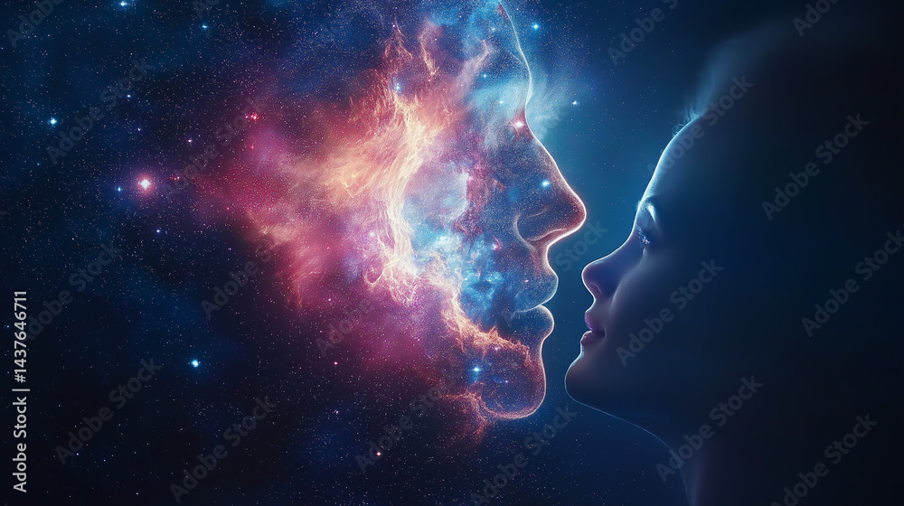 Sticker cosmic connection: two faces emerge from a vibrant nebula, symbolizing a profound connection and the