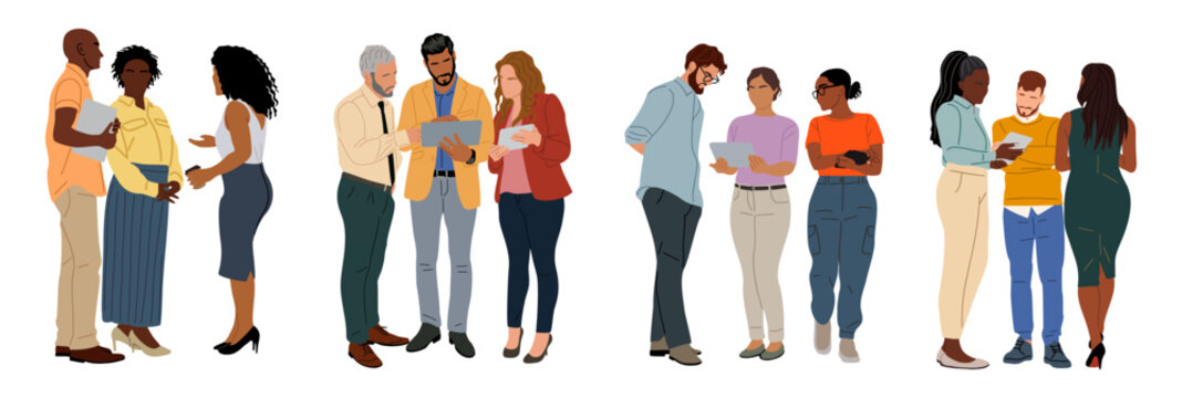 Different business team members standing, talking, communicating, taking part in business activities, meeting, brainstorming, coffee break. Multiracial people vector illustrations isolated.