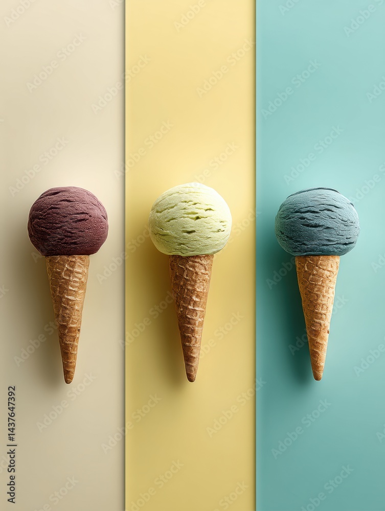 Poster Three Colorful Ice Cream Scoops Arranged Symmetrically on a Clean Backdrop With Waffle Cones and Pastel Colors