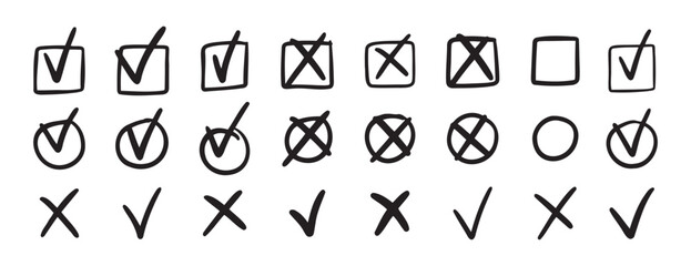 check mark icon set. cross icons set. Hand drawn black strokes marks for check list items. Checkbox. Doodle check mark icon