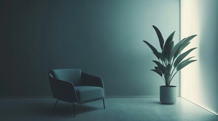 A minimalist home interior with sparse, modern furniture and dim ambient lighting setting a peaceful, slightly somber tone.