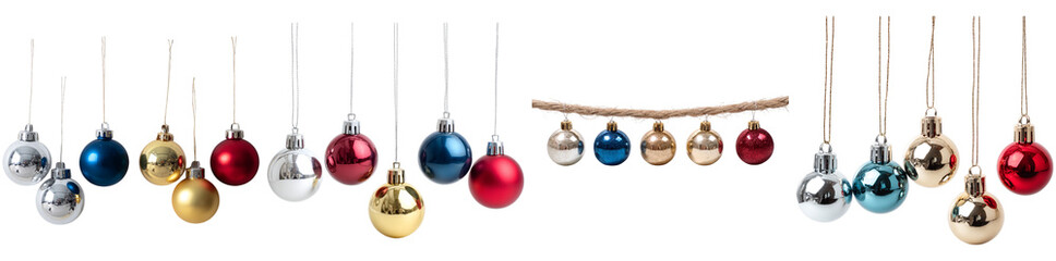 Various holiday ornaments in red, blue, silver, and gold tones hang from twine, adding a cheerful and colorful touch to seasonal decorations for celebrations