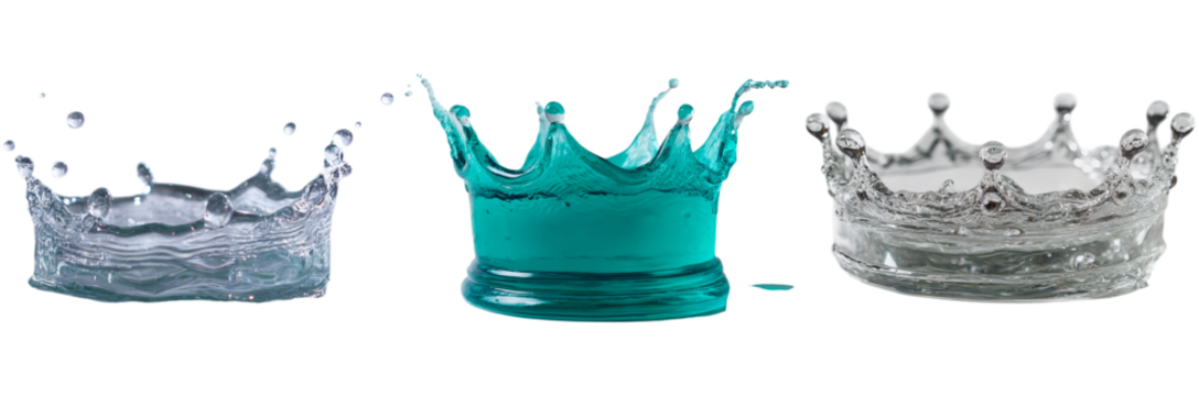 A series of three distinct water splashes forms crown shapes in various shades of blue and clear tones, isolated against a clean white background