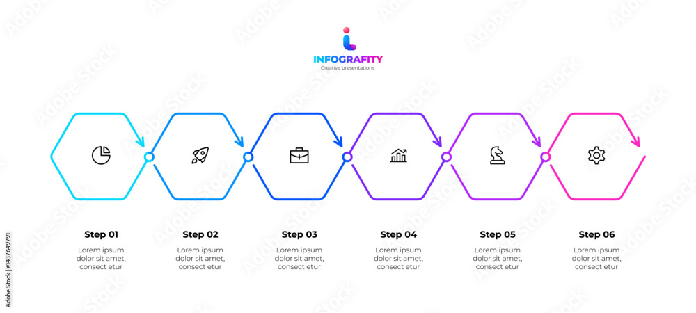 Poster hexagonal step-by-step timeline infographic featuring icons, gradient colors, and a clean layout for