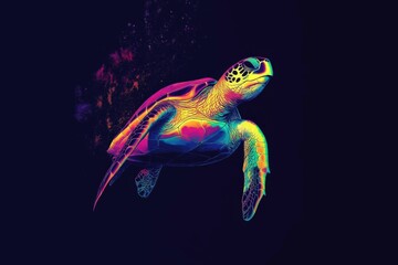 Illustration of marine animals like turtles diving through water, in bright, vibrant , neon colors, on a black background