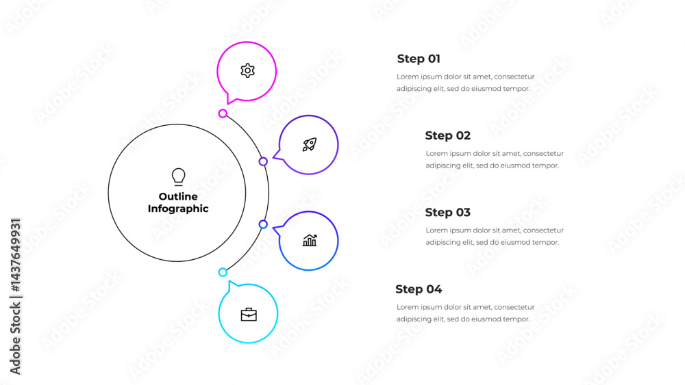 Poster Line infographic featuring a circular main element with four step indicators connected by colorful lines, perfect for business presentations, process visualization, or educational purposes
