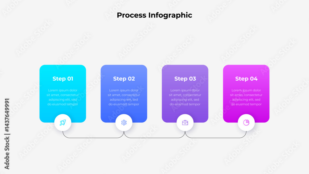 Poster Vibrant infographic illustration showing four sequential steps using gradient cards, connected with smooth lines, perfectly suited for business, workflow, and project representation