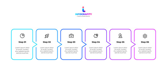 Abstract infographic with six sequential steps, modern icons, vivid colors, and clear design. Perfect for presentations, business planning, and strategy depiction