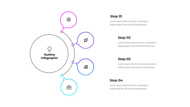 Line infographic featuring a circular main element with four step indicators connected by colorful lines, perfect for business presentations, process visualization, or educational purposes