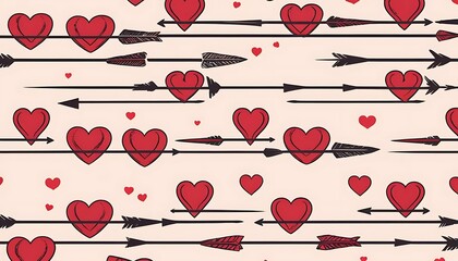 Red hearts pierced by arrows on a light background creating a love themed repeating pattern design