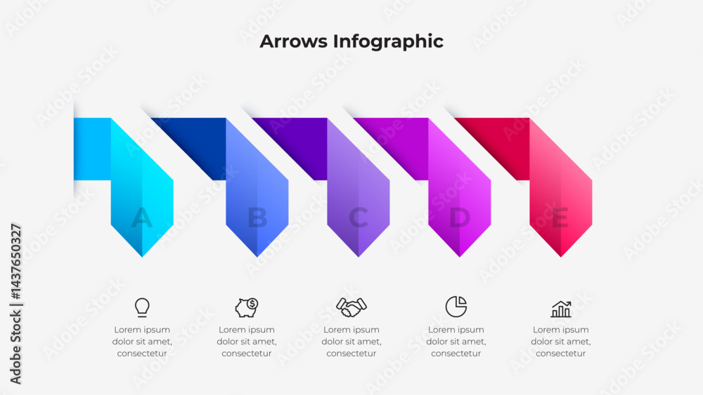 Poster A vibrant arrow infographic design using a gradient color scheme, perfect for business presentations, data visualization, and step-by-step guides in professional and creative projects