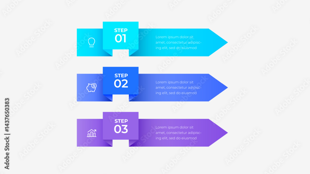Poster colorful three step arrows infographic with creative icons and text