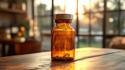 Amber glass medicine bottle on wooden table, sunlit through window.