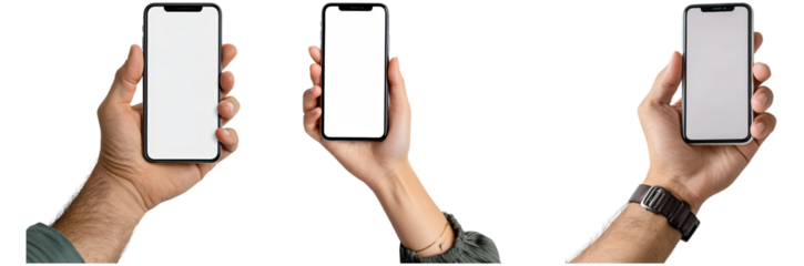 Multiple hands showcase a smartphone held in different positions, emphasizing the device's slim design. The focus is on the empty screen and hand gestures