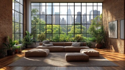 Urban loft living room with city park view