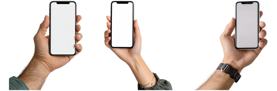 Multiple hands showcase a smartphone held in different positions, emphasizing the device's slim design. The focus is on the empty screen and hand gestures - Powered by Adobe