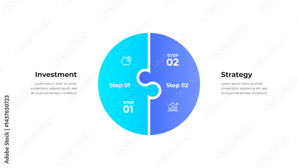 Aufkleber illustration of a split circular diagram with investment and strategy icons, indicating a two step p