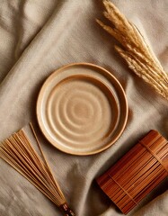 Top-down view of natural handcrafted items: light beige ceramic vase, wooden bowls and tray, and natural brushes on a textured light brown linen cloth. Warm, soft lighting enhances the rustic