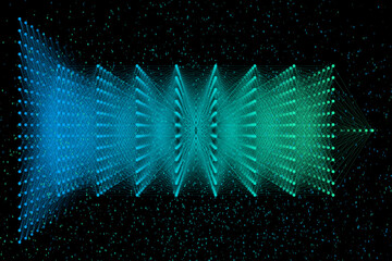 3D schematic of an artificial intelligence neural network in a blue-green color scheme on a black background, with a field of floating binary digits 0,1